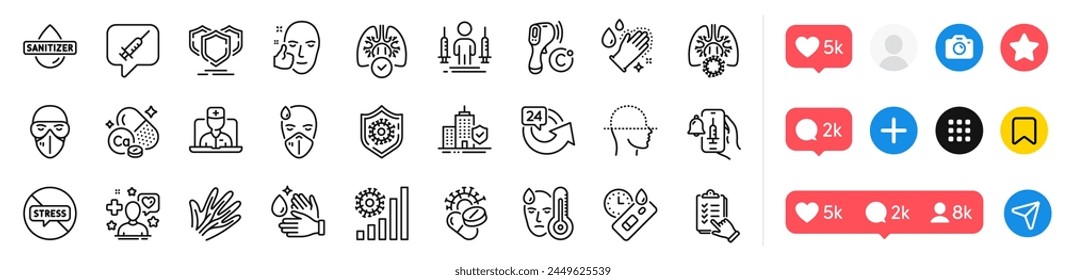 Coronavirus protection, Covid test and Vaccine announcement line icons pack. Social media icons. Checklist, Face scanning, Calcium mineral web icon. Vector
