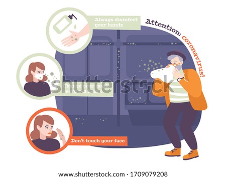 Coronavirus protection design concept with instruction to disinfect hands change mask every 3 hours do not take face vector illustration