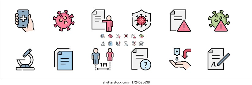 Coronavirus Protection Filled Outline Icons. Colorful Linear Set Vector Line Icon. Protective Measures, Coronavirus Symptoms, Incubation Period and more. 64x64 Pixel Perfect. Editable Stroke