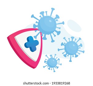 Coronavirus protection flat concept vector illustration. Fighting against Covid infection. Virus cells and shield 2D cartoon objects for web design. Pandemic prevention creative idea