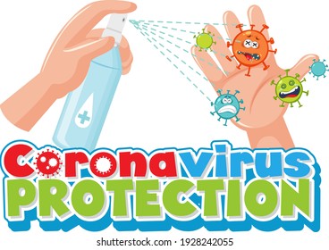 Coronavirus Protection font with hand using alcohol sanitizer spray illustration