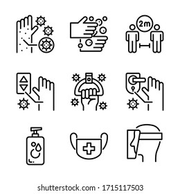 Coronavirus protection icons set. Coronavirus safety measures. Line vector. Isolate on white background.