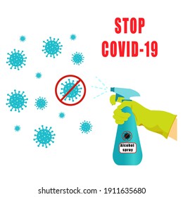 Coronavirus protection illustration. A gloved hand holds a bottle of antiseptic spray. The antibacterial solution kills bacteria.  Stop COVID-19. Vector illustration. Home hygiene and personal hygiene