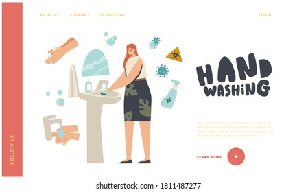 Coronavirus Protection Landing Page Template. Woman Character Washing Hands in Bathroom with Disinfectant Gel, Antibacterial Soap and Covid Cells around. Hygienic Measures. Linear Vector Illustration
