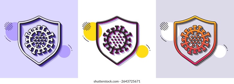 Ícone de linha de proteção contra coronavírus. Padrão pontilhado de meio-tom. Ícone de gradiente com sombra de grão. Sinal de vírus da Covid. Símbolo de proteção contra infecção. Ícone de coronavírus da linha. Vários desenhos. Vetor
