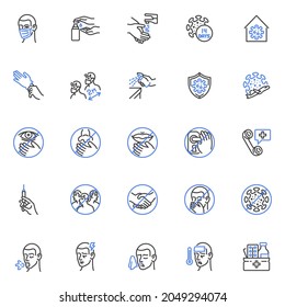Coronavirus protection line icons set. linear style symbols collection, outline signs pack. Covid 19 prevention vector graphics. Set includes icons as medical face mask, social distancing, coronavirus