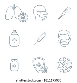 Coronavirus protection line set icons. Stop virus concept isolated on white. Protection medical elements from virus, air pollution, flu, dust illustration isolated on white.