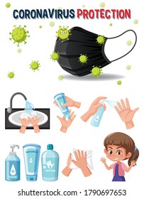 Coronavirus-Schutzlogo mit Händen, die sanitisierende Produktgrafik verwenden