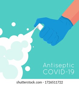 Coronavirus protection. Man In Gloves hold antiseptic spray. Disinfection with cleaning spray vector flat illustration