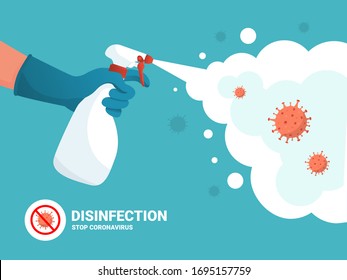 coronavirus protection. Man in gloves holds bottle of antiseptic spray. Antibacterial flask kills bacteria. Disinfectant concept. Vector flat design. Hygiene home and personal hygiene. stop covid-19