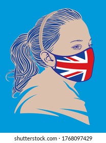 Coronavirus protection mask on young female teenager face with British flag spread over full mask area. The mask is symbolic of the pandemic worldwide but could represent pollution in general.