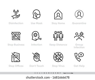 Coronavirus Protection Measures icon set. Vector Pack for infographic or website Contains such Icons as Disinfection, Use Mask, Stay Home, Quarantine, Stop Business, Stop Offices, Infection, Keep