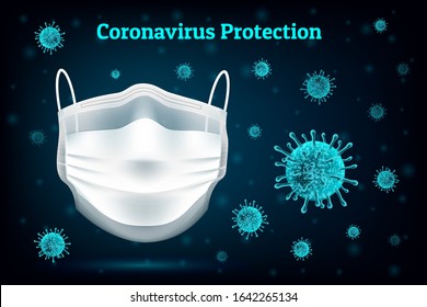 Coronavirus Protection Medical Mask. Concept Of Protection Against Influenza, Illness Infection. Realistic Abstract Illustration On A Dark Background With A Neon Effect. Vector.