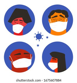 Coronavirus protection. Men and woman in white medical face mask icons. Friends or family members in prevention masks. 2019-nCoV quarantine. Pandemic of coronavirus. Vector flat illustration.