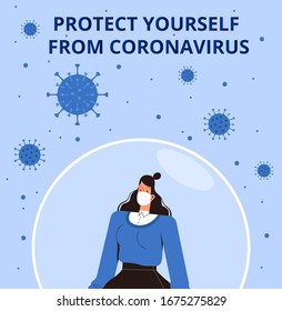 Coronavirus Protection Poster 2019-nCoV. Ein junges Mädchen in einer medizinischen Maske steht in einer Schutzblase und schützt sich vor einem neuen Virus. Konzept der Bekämpfung von COVID-2019