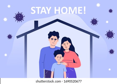 Coronavirus protection poster concept. Young family standing inside a home and isolating from oustside. Protected from the COVID-2019 novel. Stay safe. Quarantine. Vector illustration