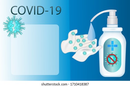 Coronavirus protection poster template, Corona pandemic vector banner outbreak template by washing hands with sanitizer on a white-blue gradient theme, infographic vector