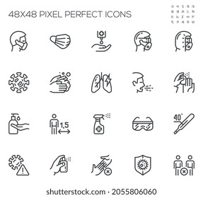 Coronavirus Protection. Protective Measures, Goggles, Facemask, Pandemic. Simple Vector Line Icons. Editable Stroke. 48x48 Pixel Perfect.