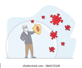 Coronavirus Protection and Quarantine or Business Risk Prevention from Novel Virus Outbreak Concept. Businessman Character Hold Shield Protect from Covid19 Virus Pathogens. Linear Vector Illustration