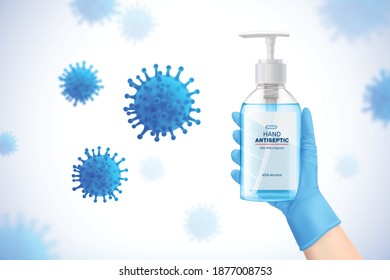 Coronavirus protection realistic background with hands in gloves holding dispenser with antiseptic gel vector illustration