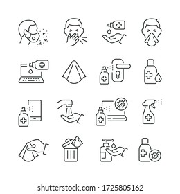 Coronavirus protection related icons: thin vector icon set, black and white kit