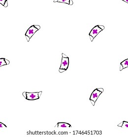 Coronavirus protection. Seamless with mask with medical cross. Vector pattern design with doodle mask, symbol of quarantine and resistance to covid pandemic. 