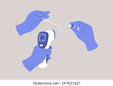 A coronavirus protection set, hands in protective gloves holding health care objects, a pistol thermometer, a pill, a cotton swab