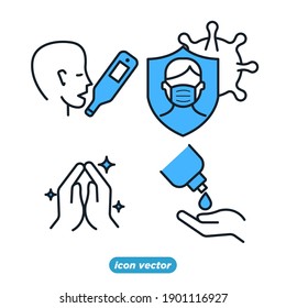 Coronavirus Protection set icon. Antiseptic, Fever, Washing Hands, Man and Woman Wearing Face Mask symbol vector illustration