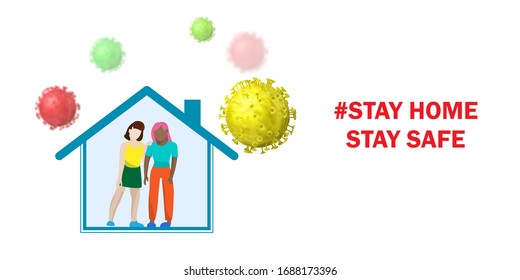 Coronavirus protection. Stay home. People inside the house in quarantine and viruses around.