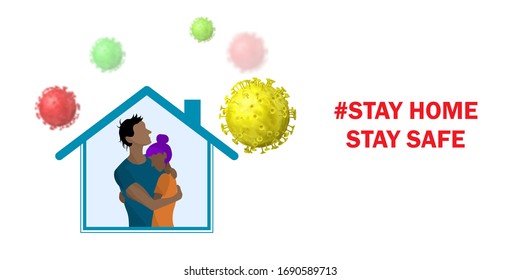 Coronavirus protection. Stay home. People inside the house in quarantine and viruses around.