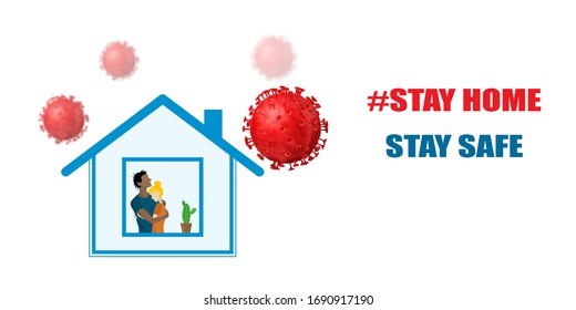 Coronavirus protection. Stay home. People inside the house in quarantine and viruses around.