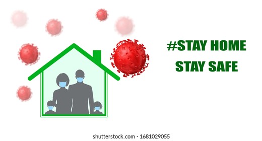 Coronavirus protection. Stay home. Silhouettes of people in medical masks inside the house and viruses around.