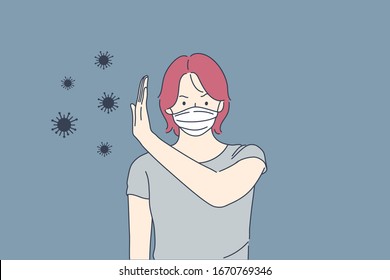 Coronavirus, protection, stop, biohazard concept. Biohazard alert illustration. Woman, girl in white face mask protects from coronavirus. COVID2019, ncov19 warning. Medical quarantine. Heathcare tips.