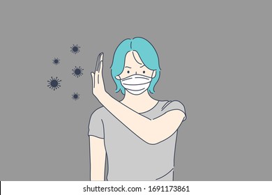 Coronavirus, protection, stop, biohazard concept. Biohazard alert illustration. Woman, girl in white face mask protects from coronavirus. COVID2019, ncov19 warning. Medical quarantine. Heathcare tips.