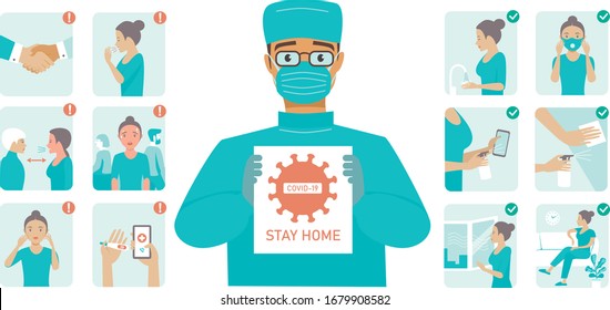 Coronavirus protection tips. Doctor characterholding STOP COVID-19 sign. Coronavirus alert.  Set of flat vector illustration 