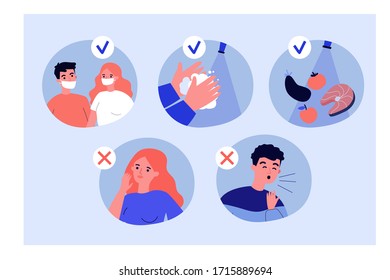 Coronavirus protection tips. People wearing masks, washing hands, coughing, suffering from flu symptoms. Vector illustration for 2019-ncov spreading, health, safety concept