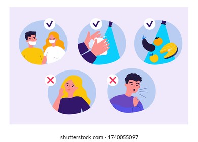 Coronavirus protection tips. People wearing masks, washing hands, coughing, suffering from flu symptoms. Vector illustration for 2019-ncov spreading, health, safety concept