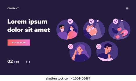 Coronavirus protection tips. People wearing masks, washing hands, coughing, suffering from flu symptoms. Vector illustration for 2019-ncov spreading, health, safety concept