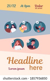 Coronavirus protection tips. People wearing masks, washing hands, coughing, suffering from flu symptoms. Vector illustration for 2019-ncov spreading, health, safety concept