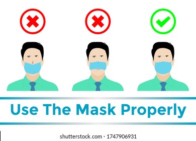 Coronavirus protection for use face mask properly. Use the face mask properly vector illustration. Man properly use face mask