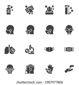 Coronavirus protection vector icons set, modern solid symbol collection, filled style pictogram pack. Signs, logo illustration. Set includes icons as sanitizer spray, covid-19 test, medical face mask