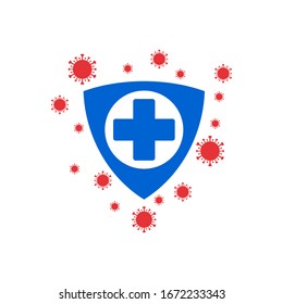 Coronavirus protection vector logo. Logo design of shield with medical cross inside and corona virus outside. Covid-19 shield protector. Prevention of the spread of the virus.