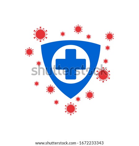 Coronavirus protection vector logo. Logo design of shield with medical cross inside and corona virus outside. Covid-19 shield protector. Prevention of the spread of the virus.