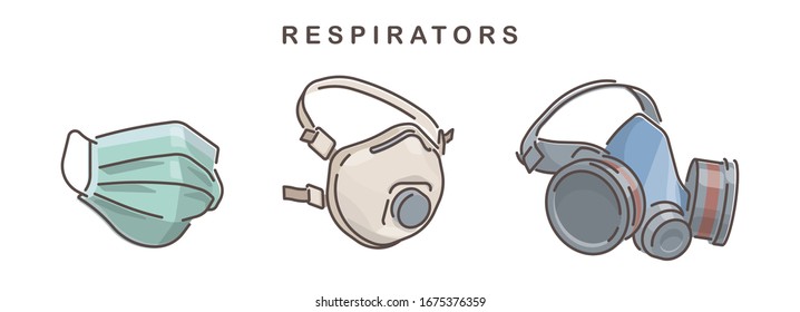 Coronavirus protection. Vector masks & respitators. Outline isolated illustration. Cartoon