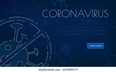 Coronavirus protection. Vector web page layout. Minimalistic layout with a dangerous virus icon on a blue background with geometric elements. Landing Page. Dark banner about coronavirus.