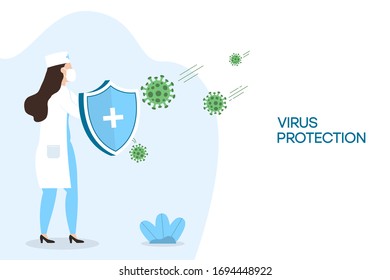 Coronavirus protection. Woman doctor with security shield for virus protection. Nurse fighting Coronavirus cells. Concept of vaccine and stop COVID-19 pandemic. Vector illustration.