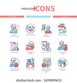 Coronavirus Protective Measures - Colorful Line Design Style Icons. Wash Hands, Social Distance, Quarantine, Avoid Touching Face, Throw Used Tissue, Sneeze In Elbow, No Handshake, Call A Doctor Advice