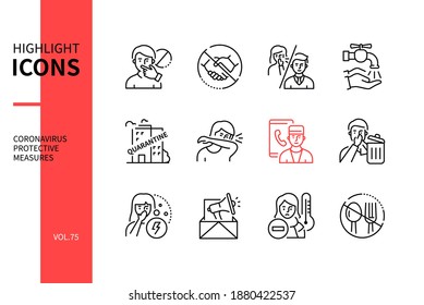 Coronavirus protective measures - colorful line design style icons. Wash hands, social distance, quarantine, avoid touching face, throw used tissue, sneeze in elbow, no handshake, call a doctor advice