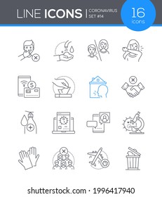 Coronavirus protective measures - line design style icons. Wash hands, social distance, quarantine, avoid touching face, throw used tissue, sneezing in elbow, no handshake recommendations
