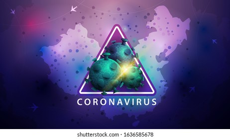 Coronavirus, purple poster with triangle warning sign with coronavirus molecules on blue background with a map of China